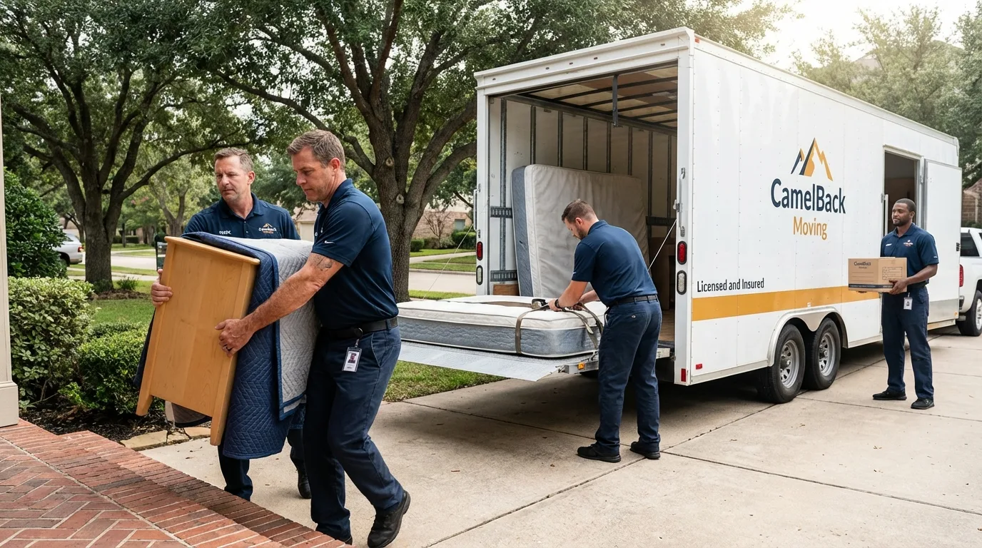 Crew loading residential truck for cross-state move from Oxford, ME