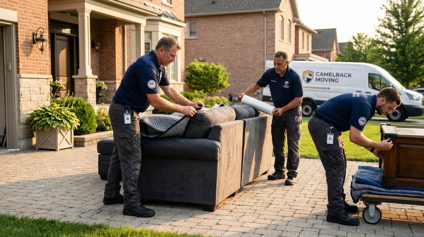 Large estate moving crew wrapping furniture in Oxford, ME