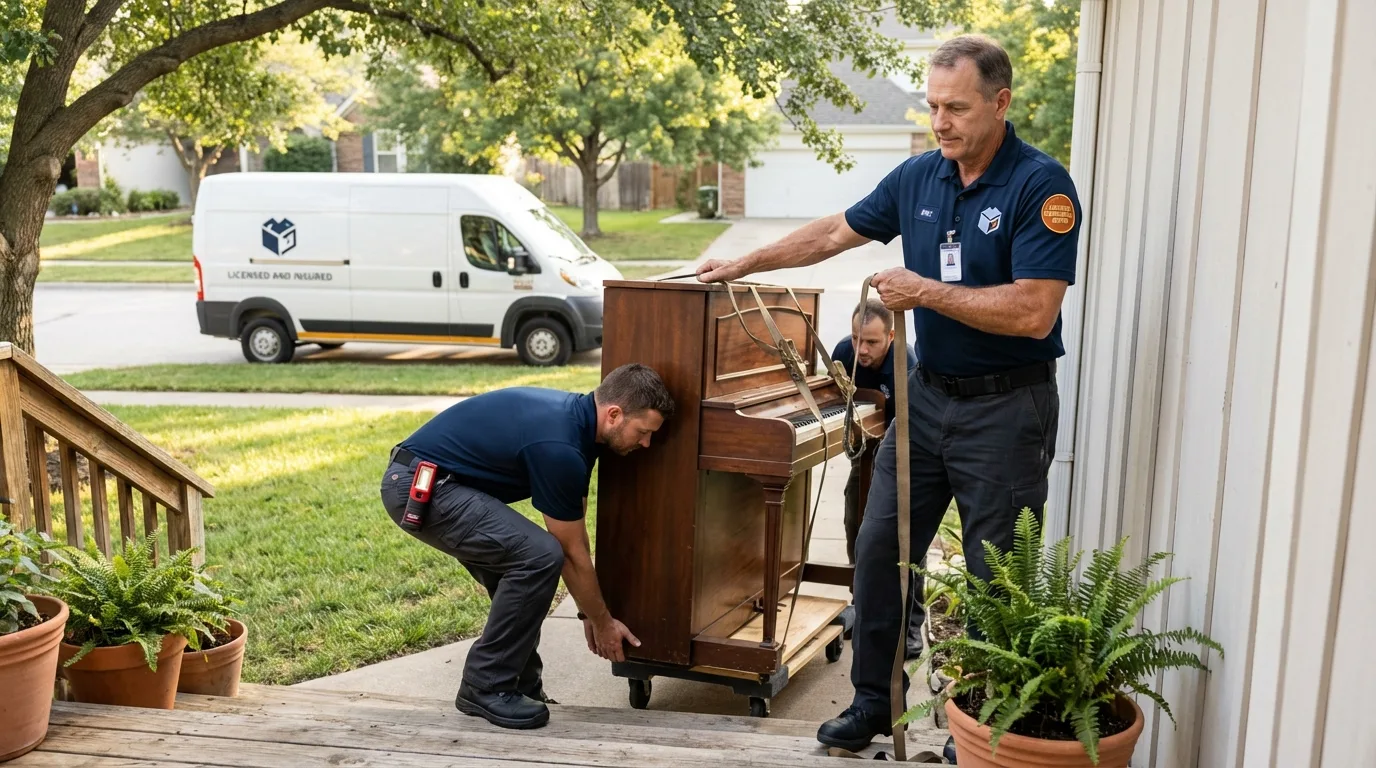 Licensed piano movers securing grand piano in Oxford, ME