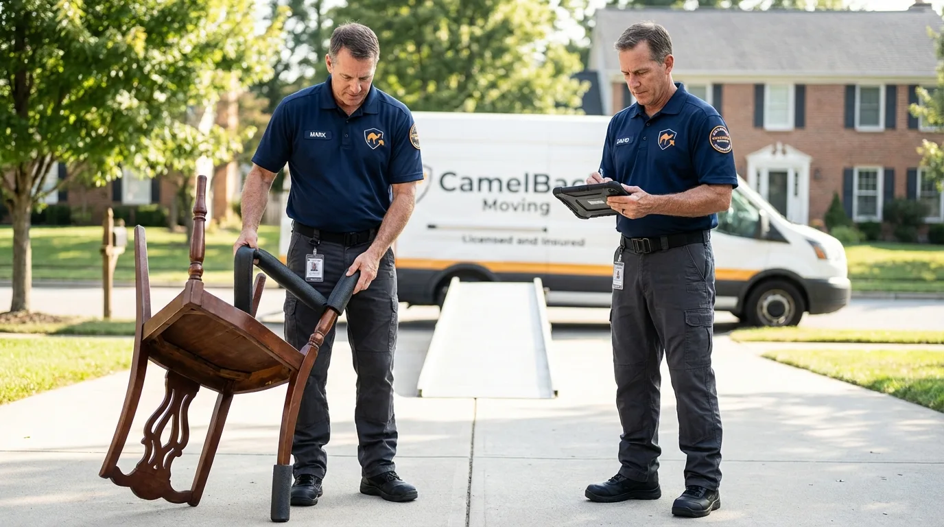 Movers inspecting furniture for damage prevention before loading in Oxford, ME